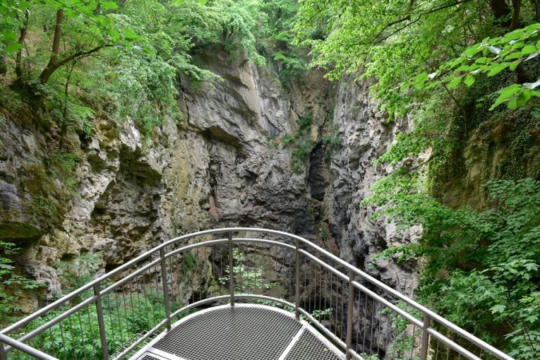 Z vyhlídkové plošiny můžete shlédnout do Hranické propasti nacházející se v národní přírodní rezervaci Hůrka. Zdroj: Shutterstock.com/Karel Gallas
